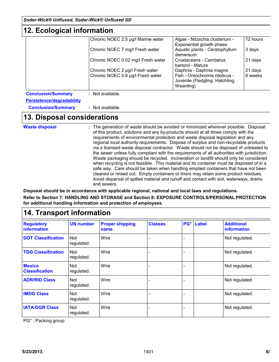 Ecological information, Disposal considerations, Transport information | Chemtronics Soder-Wick Unfluxed SD 75-4-10 User Manual | Page 6 / 9