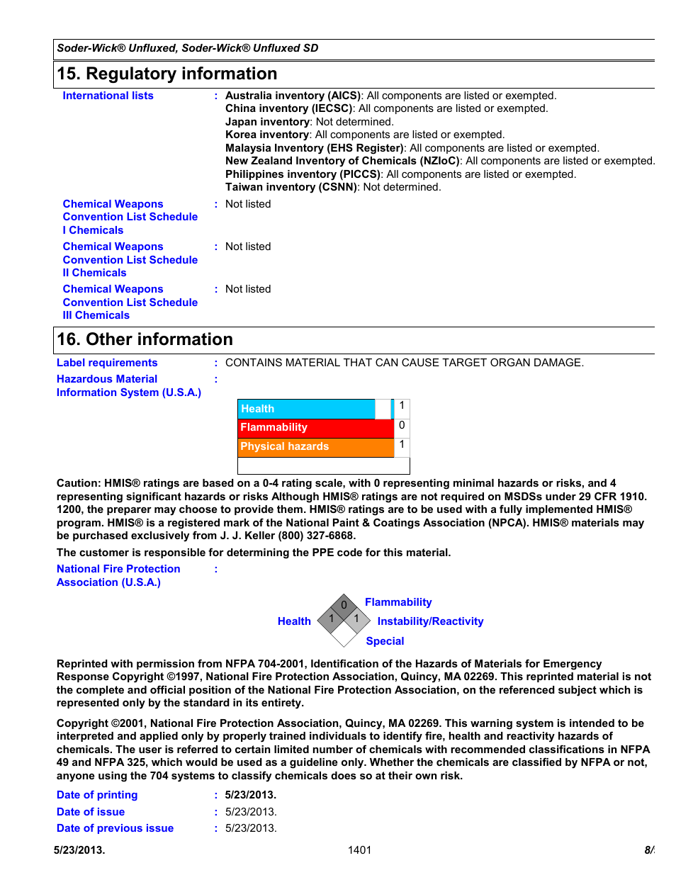 Regulatory information, Other information | Chemtronics Soder-Wick Unfluxed SD 75-4-10 User Manual | Page 8 / 9