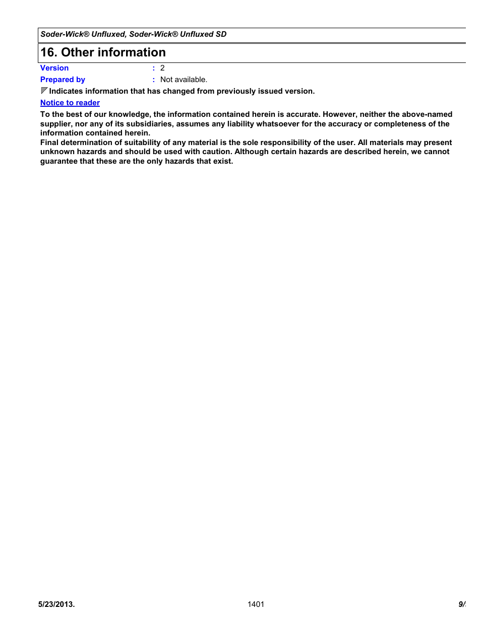 Other information | Chemtronics Soder-Wick Unfluxed SD 75-4-10 User Manual | Page 9 / 9