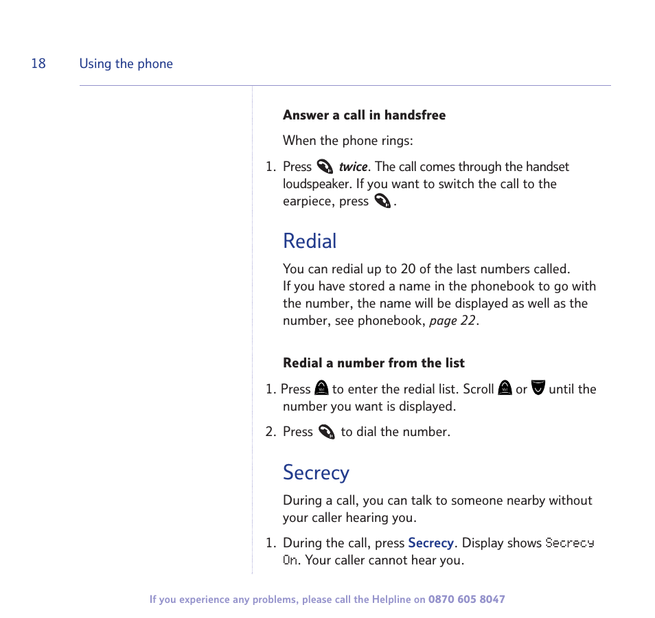 Redial, Secrecy | BT STUDIO 2300 User Manual | Page 18 / 67