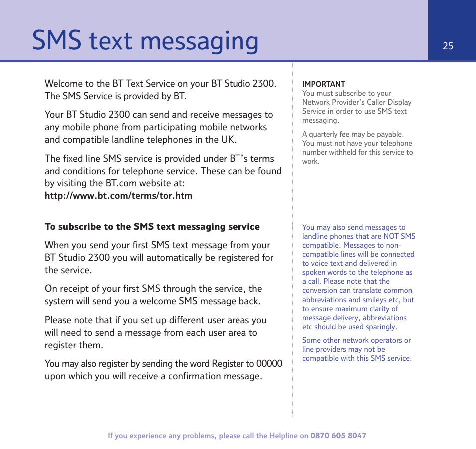 Sms text messaging | BT STUDIO 2300 User Manual | Page 25 / 67