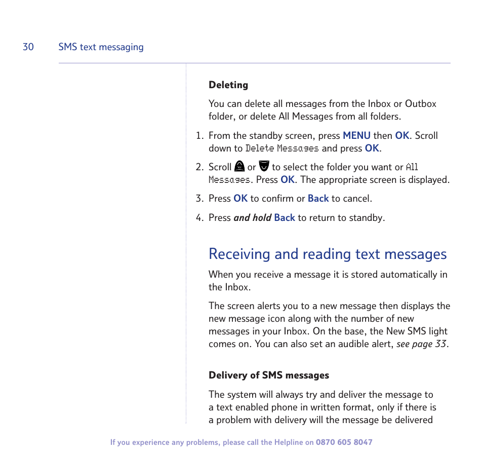 Receiving and reading text messages | BT STUDIO 2300 User Manual | Page 30 / 67