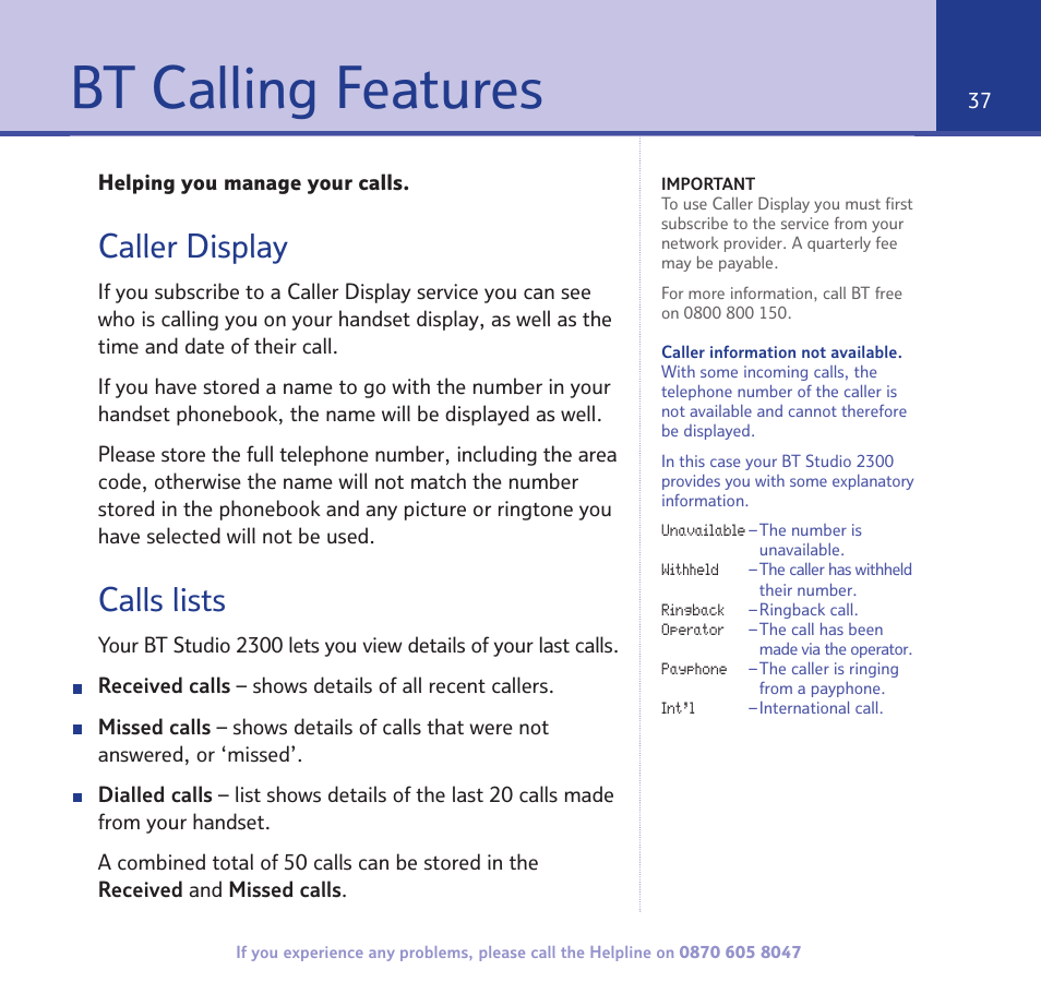 Bt calling features, Caller display, Calls lists | BT STUDIO 2300 User Manual | Page 37 / 67