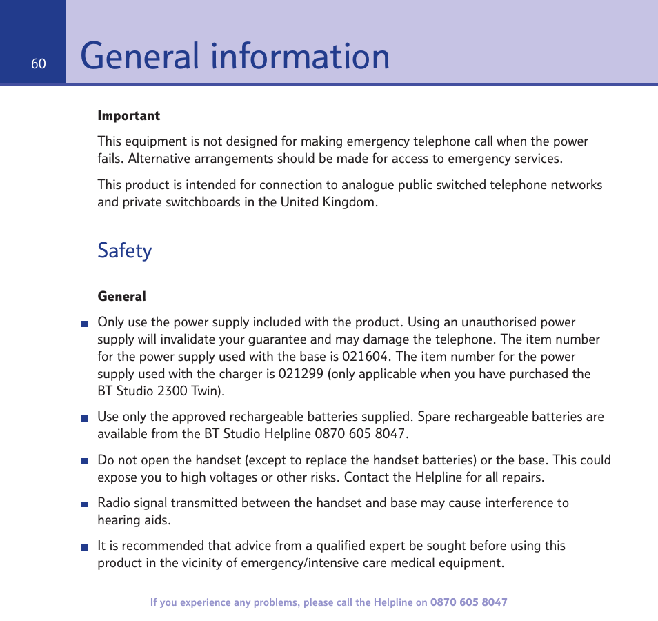 General information, Safety | BT STUDIO 2300 User Manual | Page 60 / 67