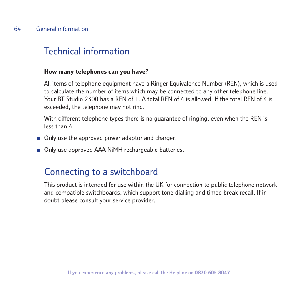 Technical information, Connecting to a switchboard | BT STUDIO 2300 User Manual | Page 64 / 67