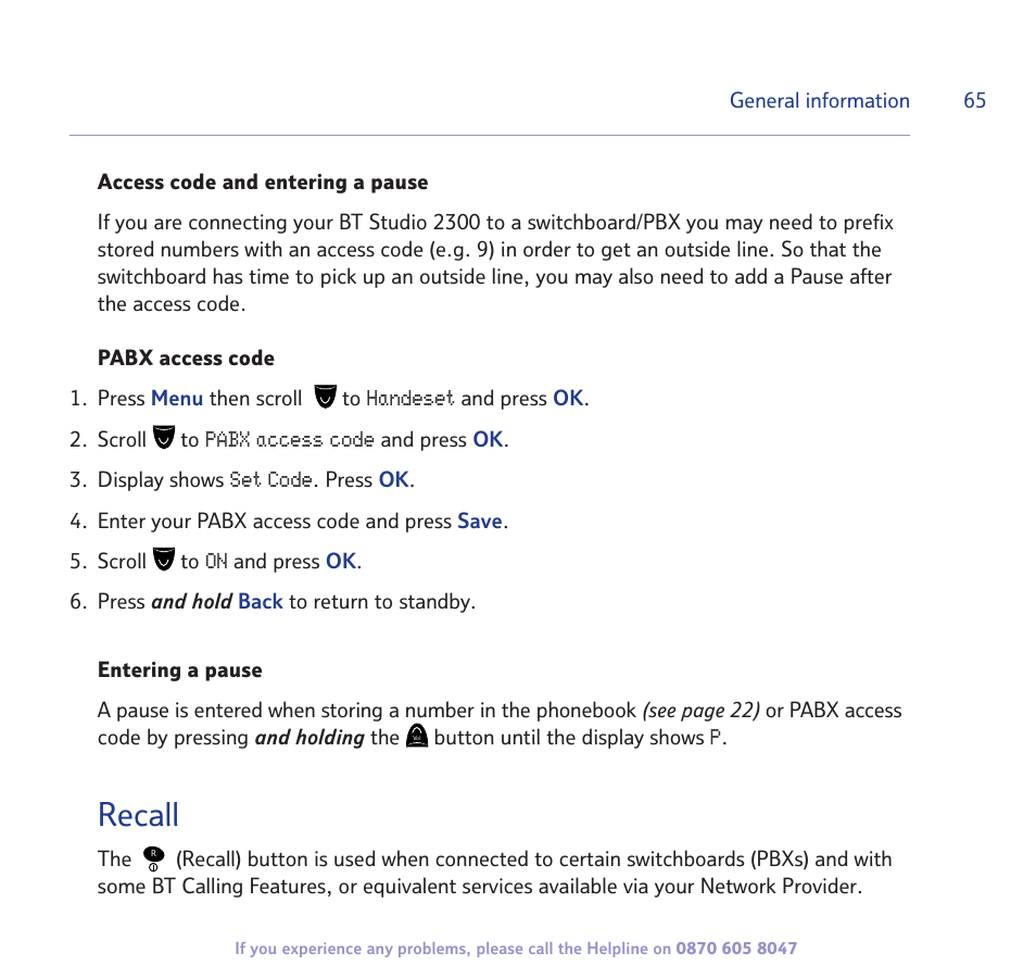 Recall | BT STUDIO 2300 User Manual | Page 65 / 67