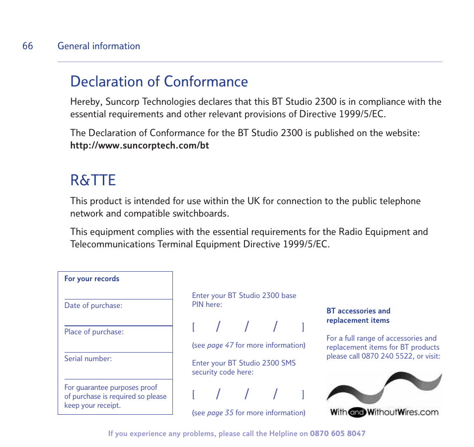 Declaration of conformance, R&tte | BT STUDIO 2300 User Manual | Page 66 / 67
