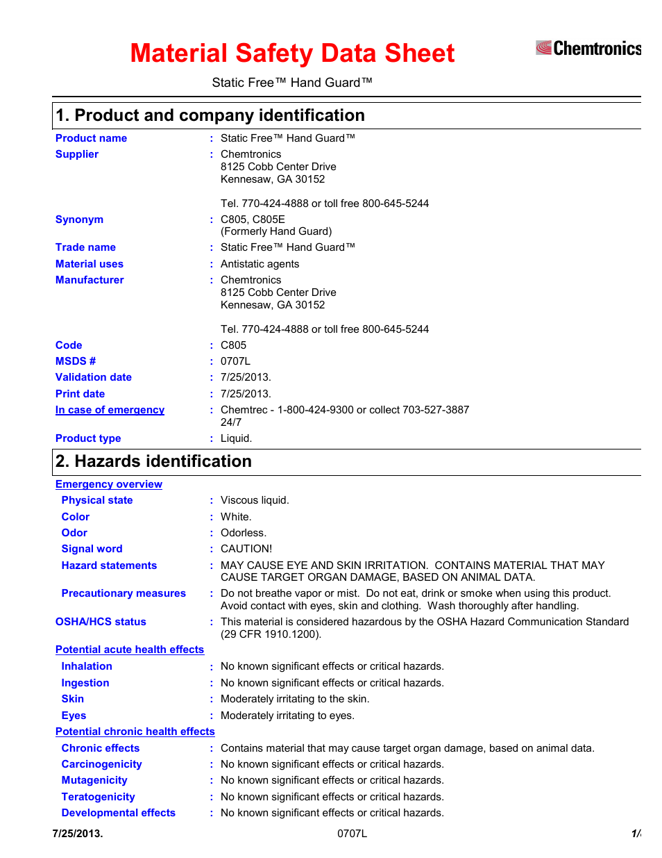 Chemtronics Static Free Hand Guard C805 User Manual | 8 pages