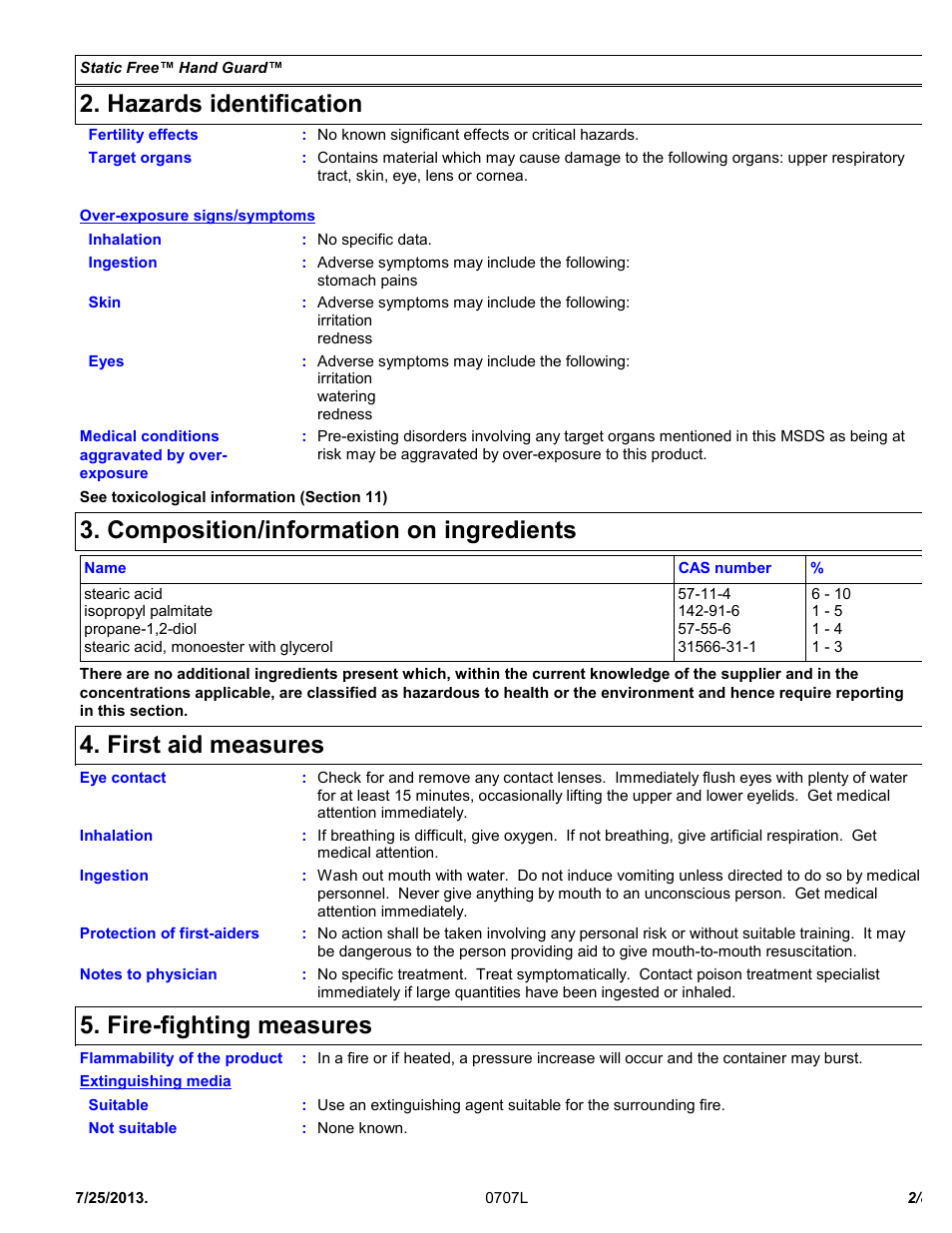 Hazards identification, Composition/information on ingredients, First aid measures | Fire-fighting measures | Chemtronics Static Free Hand Guard C805 User Manual | Page 2 / 8