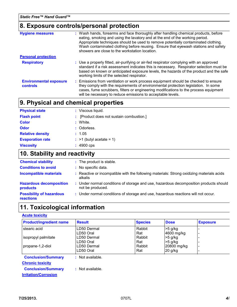 Exposure controls/personal protection, Physical and chemical properties, Stability and reactivity | Toxicological information | Chemtronics Static Free Hand Guard C805 User Manual | Page 4 / 8