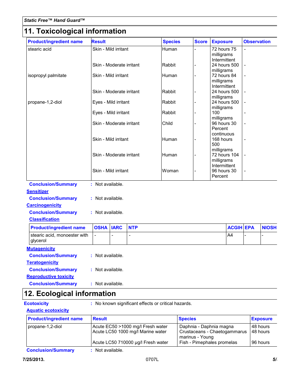Toxicological information, Ecological information | Chemtronics Static Free Hand Guard C805 User Manual | Page 5 / 8