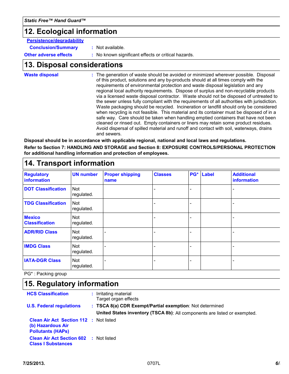Ecological information, Disposal considerations, Transport information | Regulatory information | Chemtronics Static Free Hand Guard C805 User Manual | Page 6 / 8