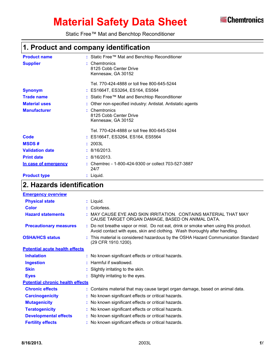 Chemtronics Static Free Mat and Benchtop Reconditioner ES1664T User Manual | 9 pages