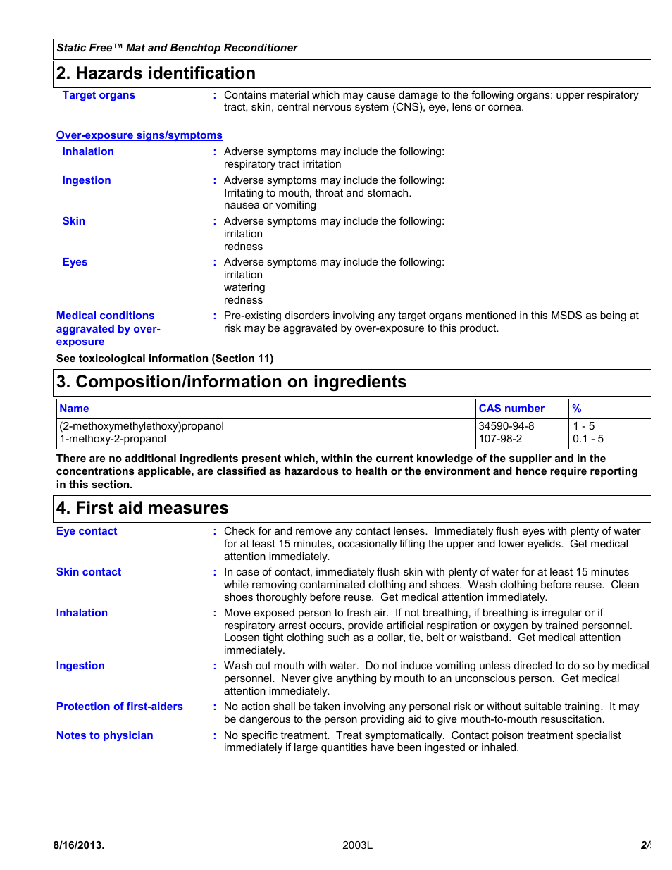 Hazards identification, Composition/information on ingredients, First aid measures | Chemtronics Static Free Mat and Benchtop Reconditioner ES1664T User Manual | Page 2 / 9
