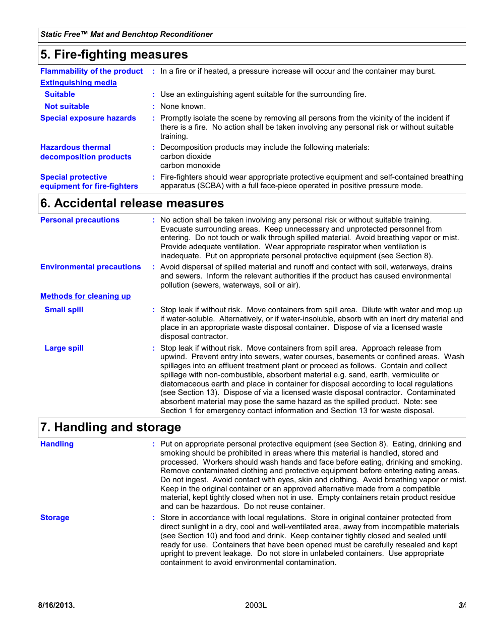 Fire-fighting measures, Accidental release measures, Handling and storage | Chemtronics Static Free Mat and Benchtop Reconditioner ES1664T User Manual | Page 3 / 9