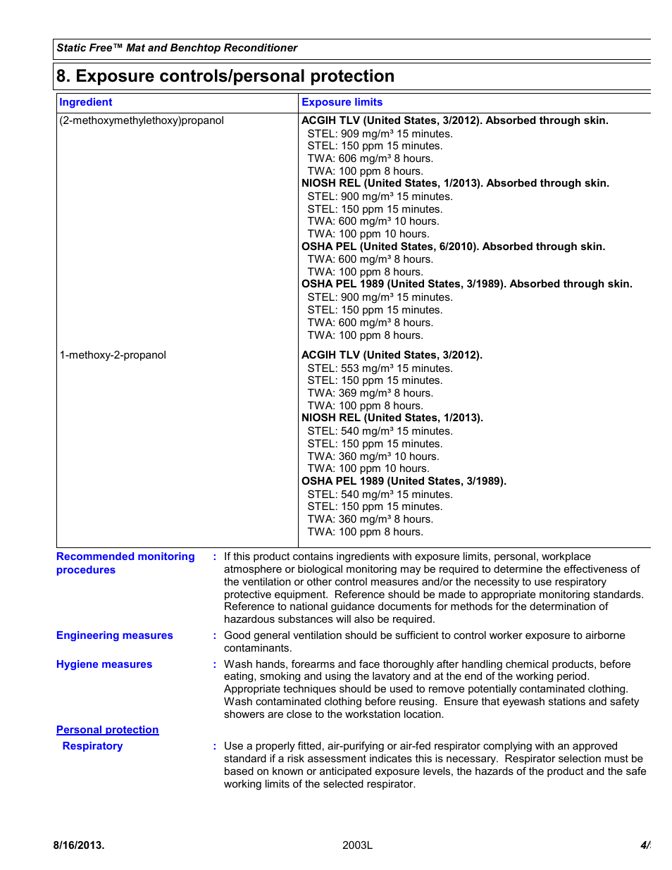 Exposure controls/personal protection | Chemtronics Static Free Mat and Benchtop Reconditioner ES1664T User Manual | Page 4 / 9