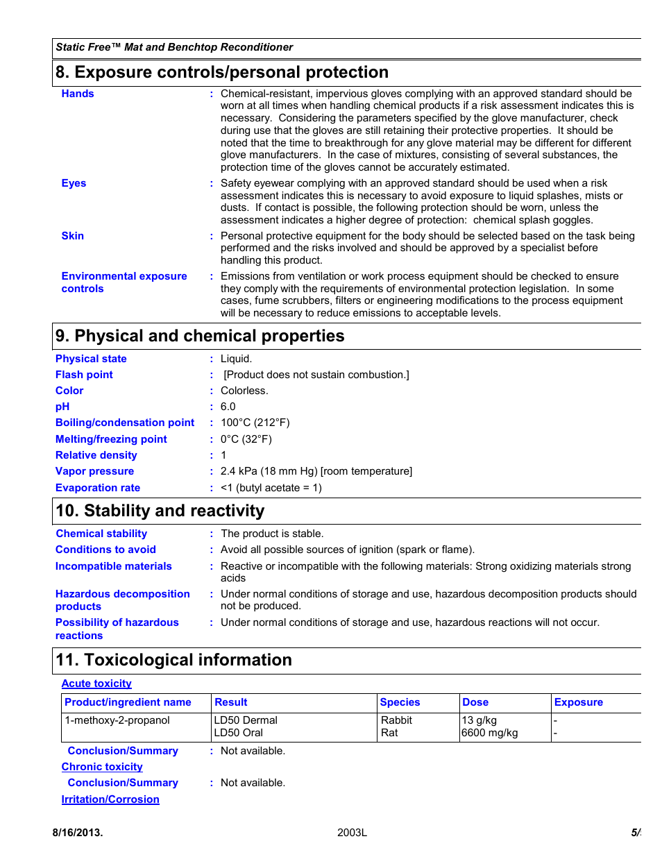 Exposure controls/personal protection, Physical and chemical properties, Stability and reactivity | Toxicological information | Chemtronics Static Free Mat and Benchtop Reconditioner ES1664T User Manual | Page 5 / 9