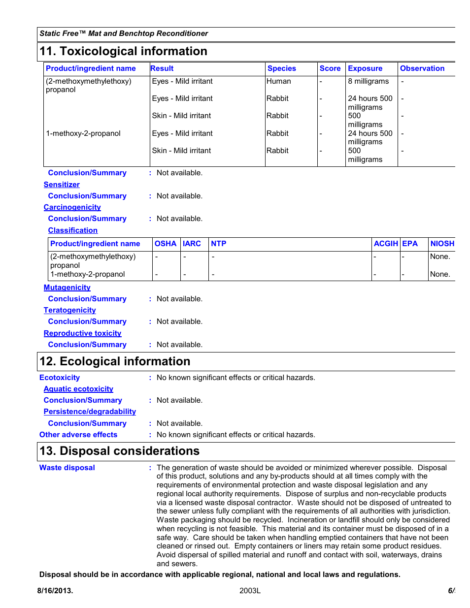 Toxicological information, Ecological information, Disposal considerations | Chemtronics Static Free Mat and Benchtop Reconditioner ES1664T User Manual | Page 6 / 9