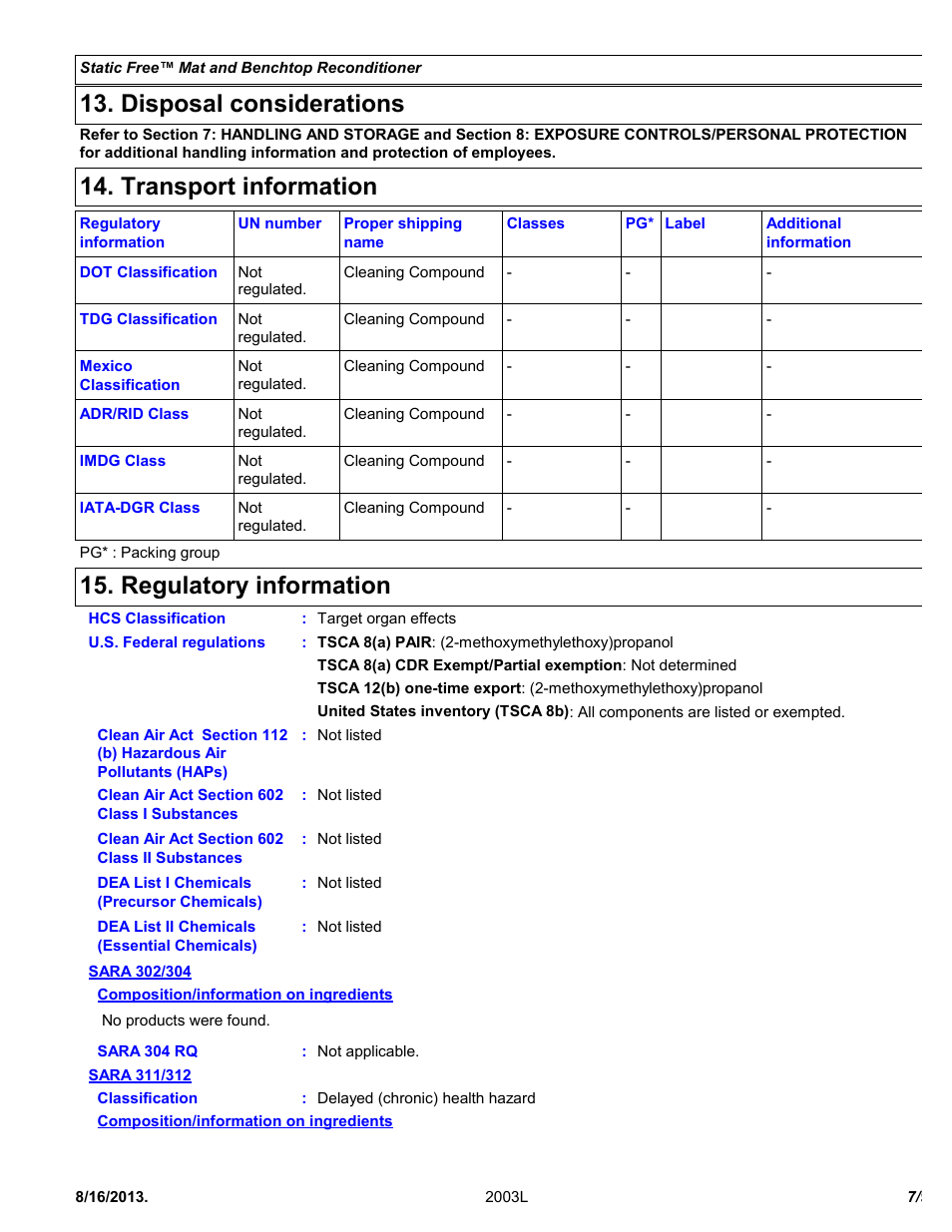 Disposal considerations, Transport information, Regulatory information | Chemtronics Static Free Mat and Benchtop Reconditioner ES1664T User Manual | Page 7 / 9