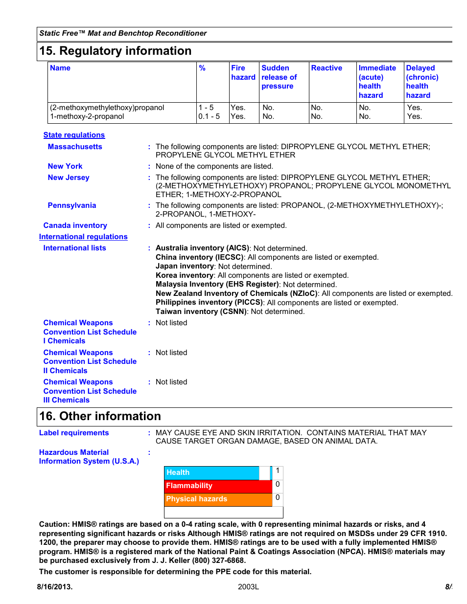 Regulatory information, Other information | Chemtronics Static Free Mat and Benchtop Reconditioner ES1664T User Manual | Page 8 / 9