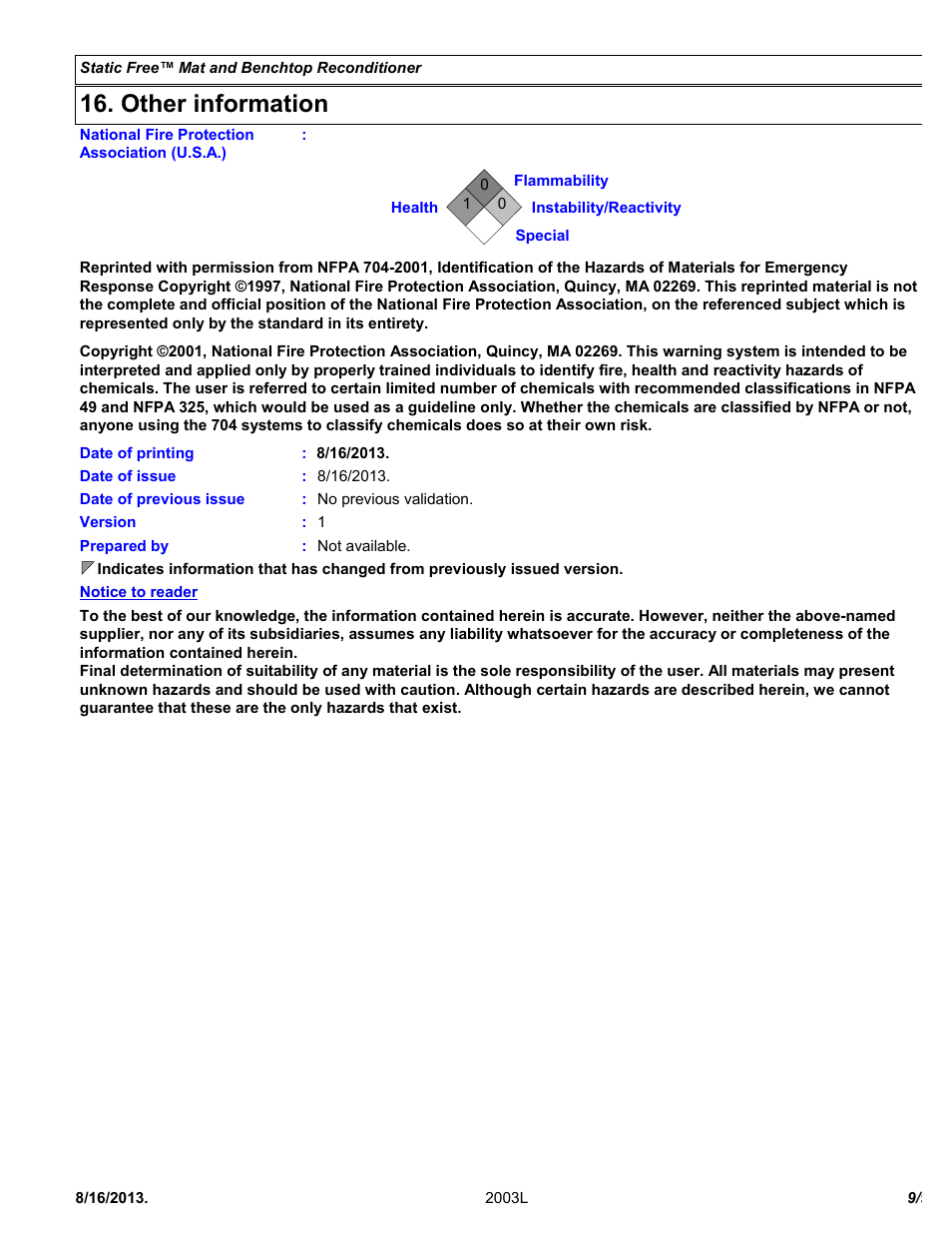 Other information | Chemtronics Static Free Mat and Benchtop Reconditioner ES1664T User Manual | Page 9 / 9