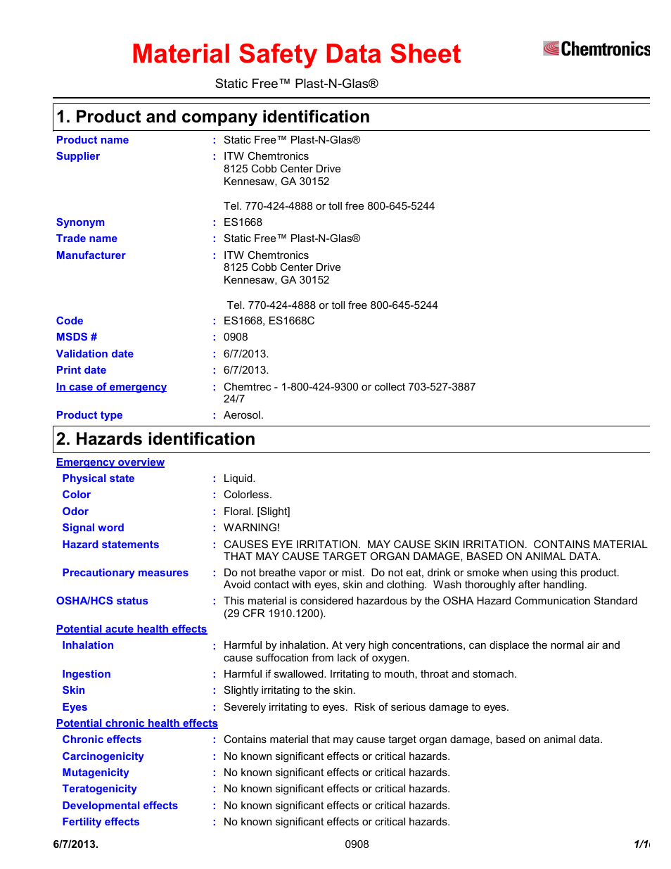 Chemtronics Static Free Plast-N-Glas ES1668 User Manual | 10 pages
