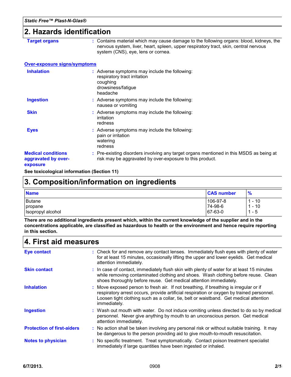 Hazards identification, Composition/information on ingredients, First aid measures | Chemtronics Static Free Plast-N-Glas ES1668 User Manual | Page 2 / 10