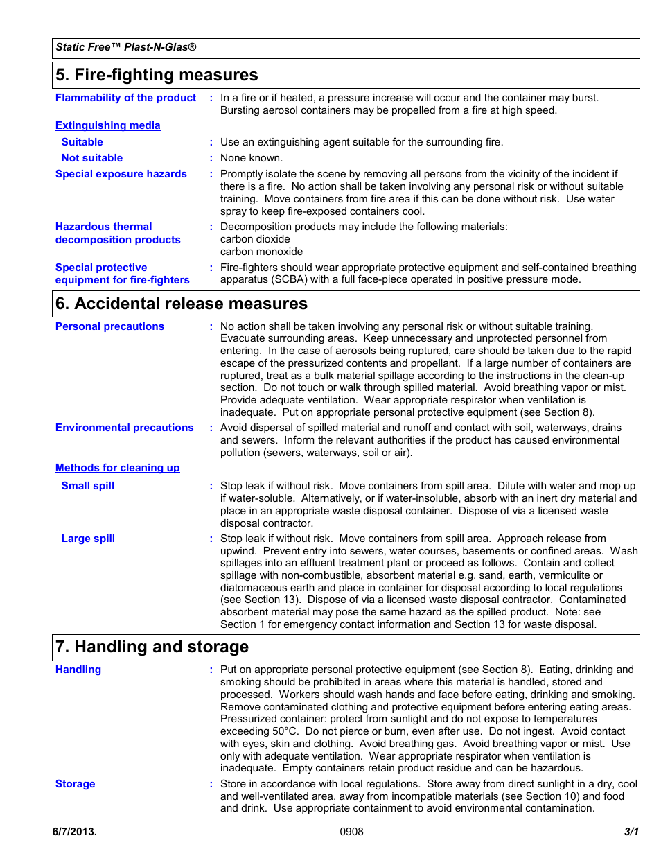Fire-fighting measures, Accidental release measures, Handling and storage | Chemtronics Static Free Plast-N-Glas ES1668 User Manual | Page 3 / 10