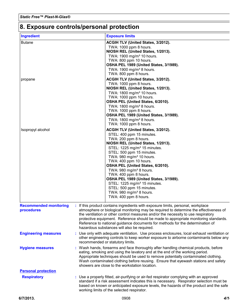 Exposure controls/personal protection | Chemtronics Static Free Plast-N-Glas ES1668 User Manual | Page 4 / 10