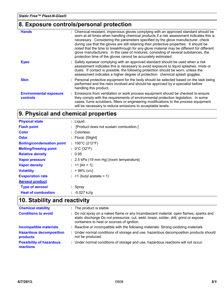 Exposure controls/personal protection, Physical and chemical properties, Stability and reactivity | Chemtronics Static Free Plast-N-Glas ES1668 User Manual | Page 5 / 10