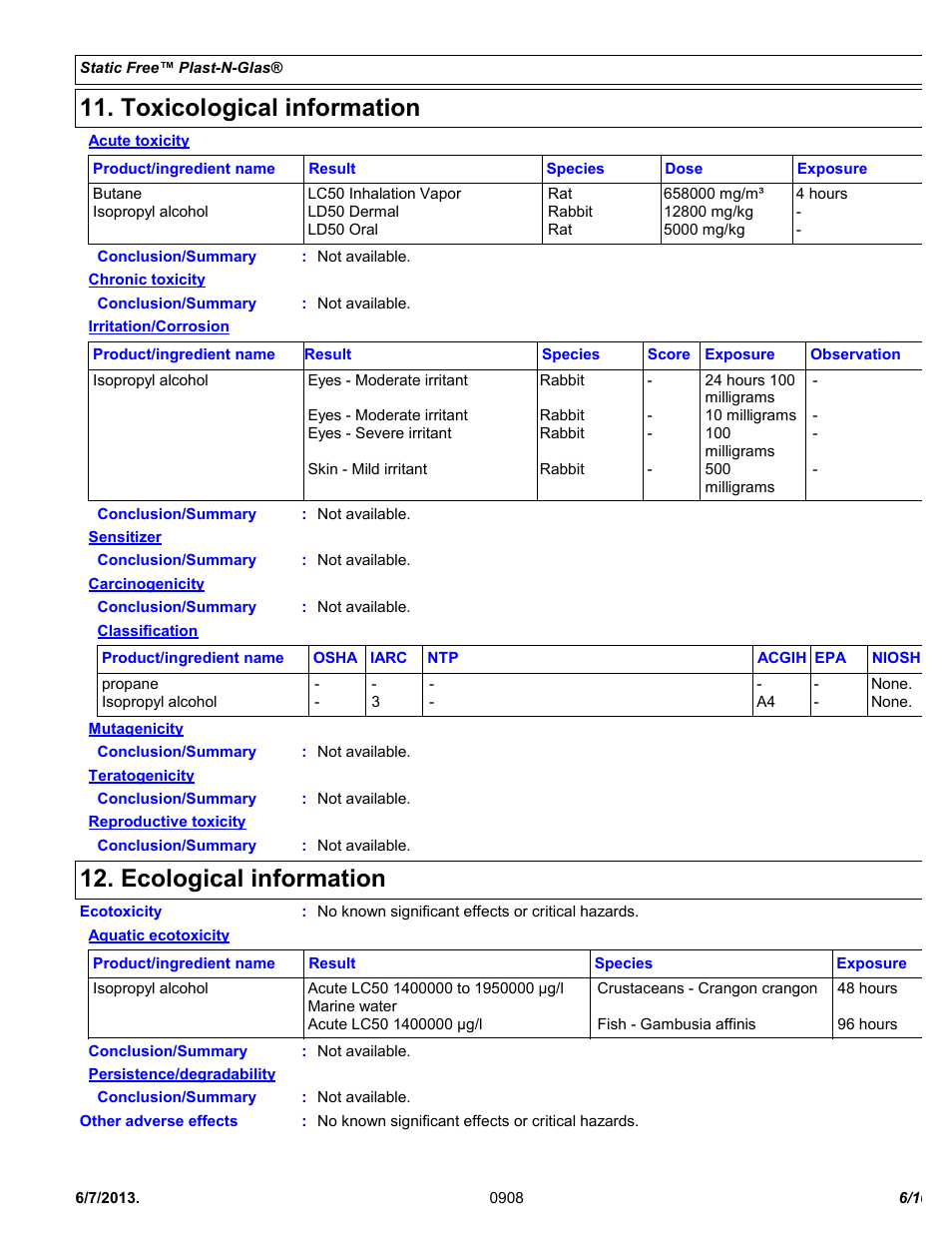 Toxicological information, Ecological information | Chemtronics Static Free Plast-N-Glas ES1668 User Manual | Page 6 / 10