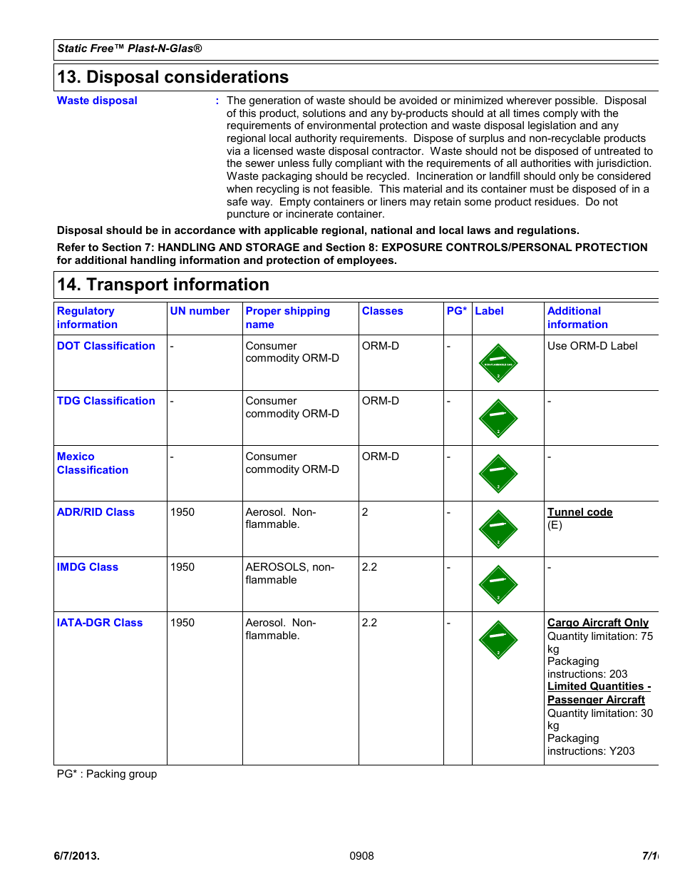 Disposal considerations, Transport information | Chemtronics Static Free Plast-N-Glas ES1668 User Manual | Page 7 / 10