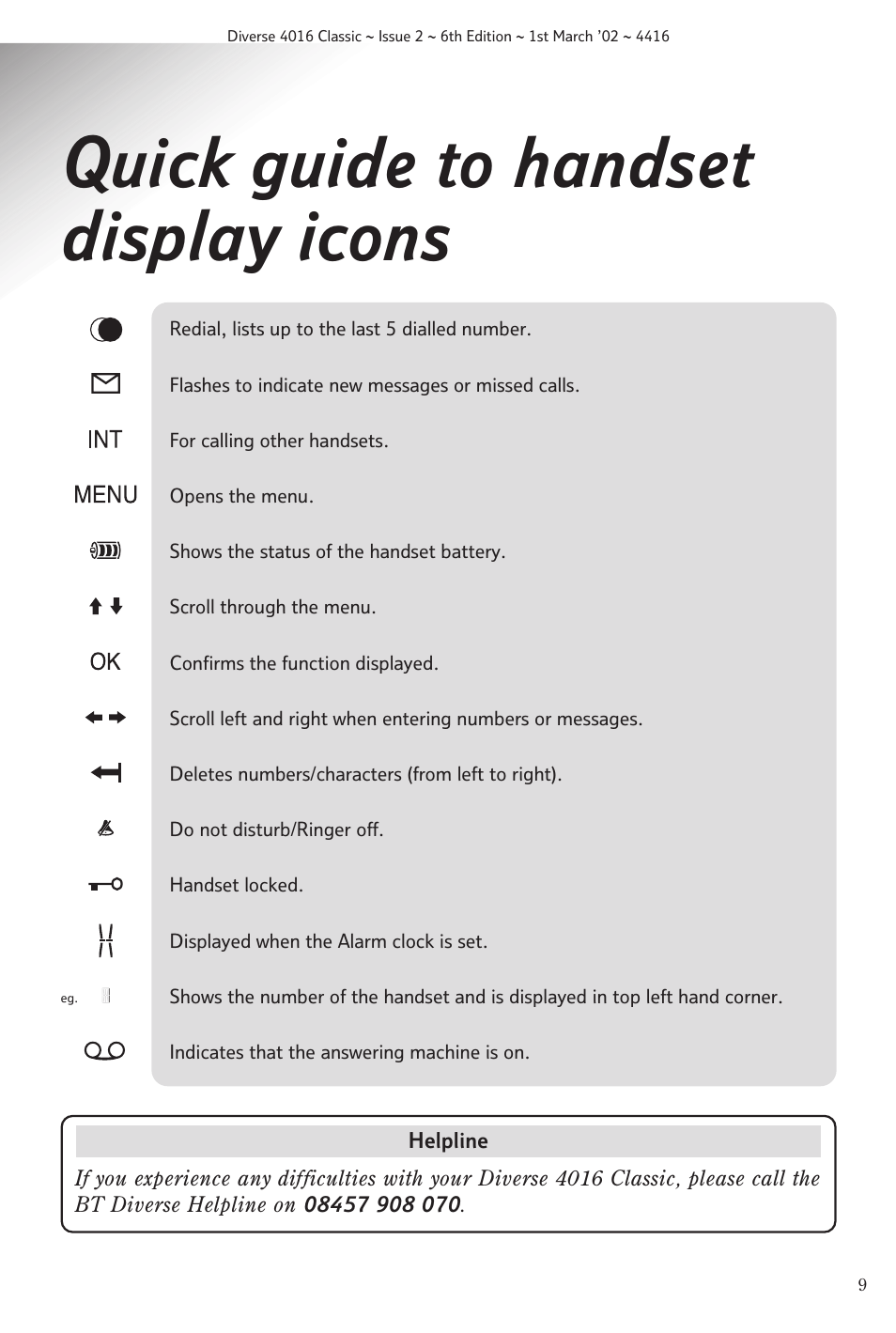 Quick guide to handset display icons | BT 4016 Classic User Manual | Page 11 / 57