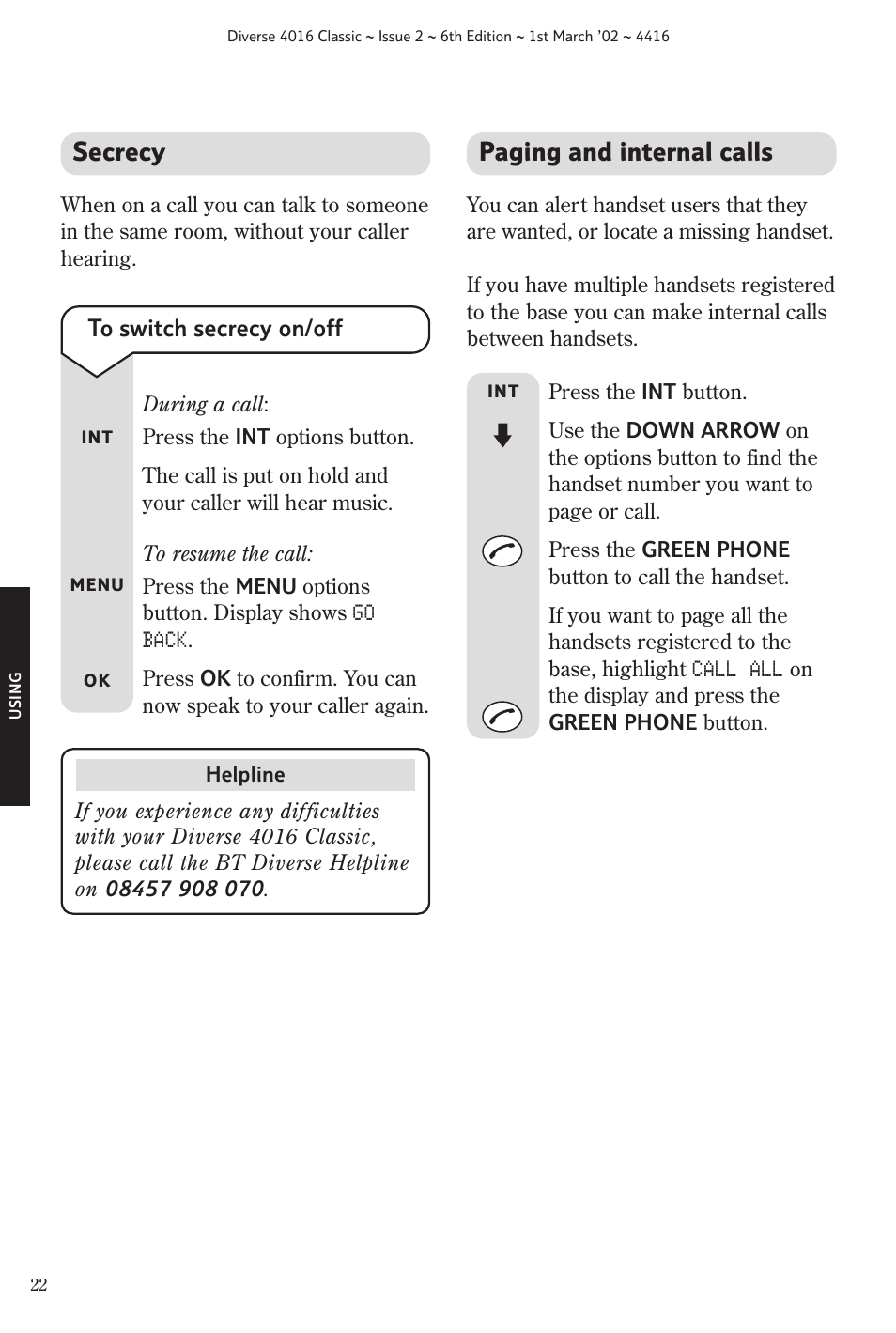 Secrecy, Paging and internal calls | BT 4016 Classic User Manual | Page 24 / 57