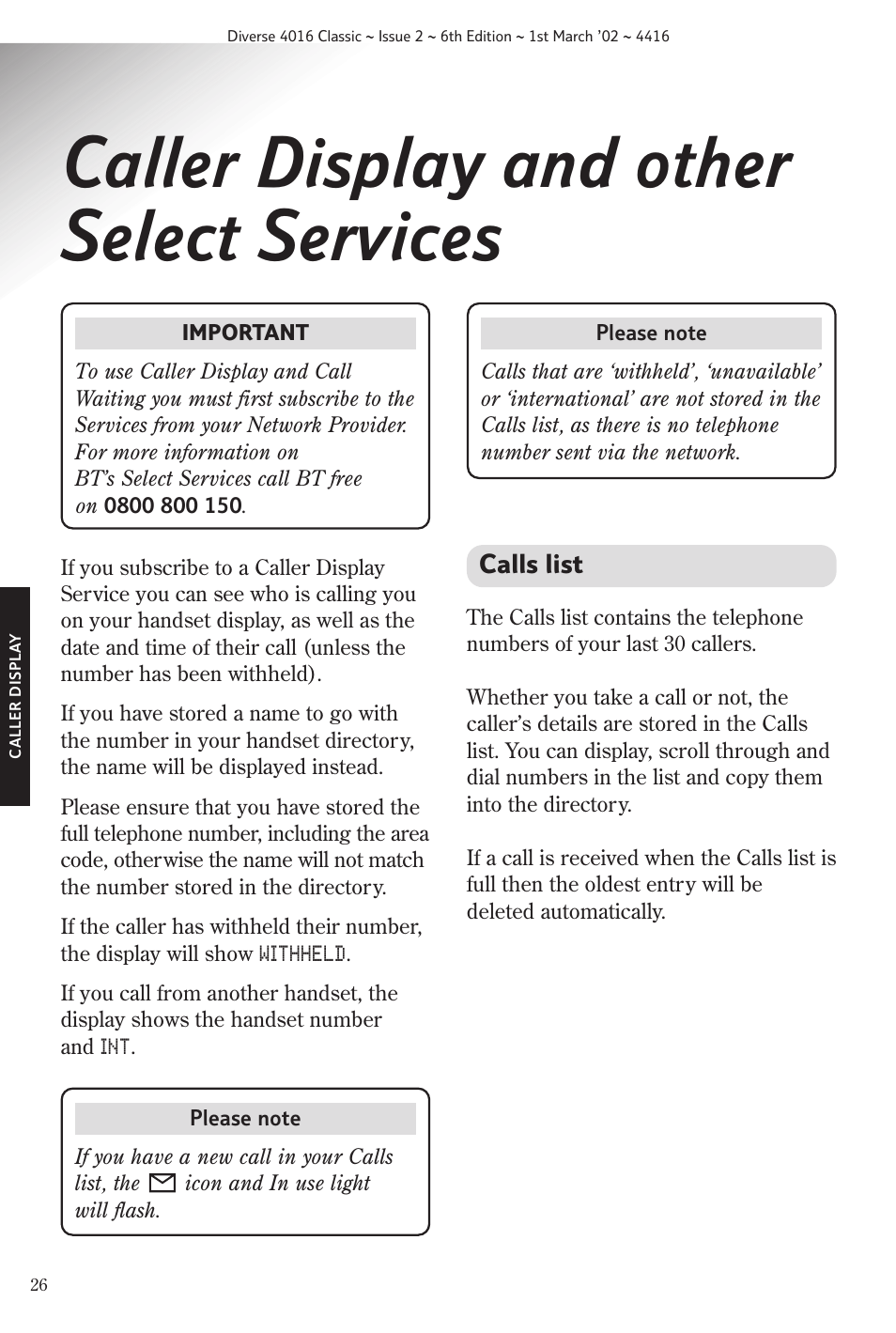 Caller display and other select services, Calls list | BT 4016 Classic User Manual | Page 28 / 57