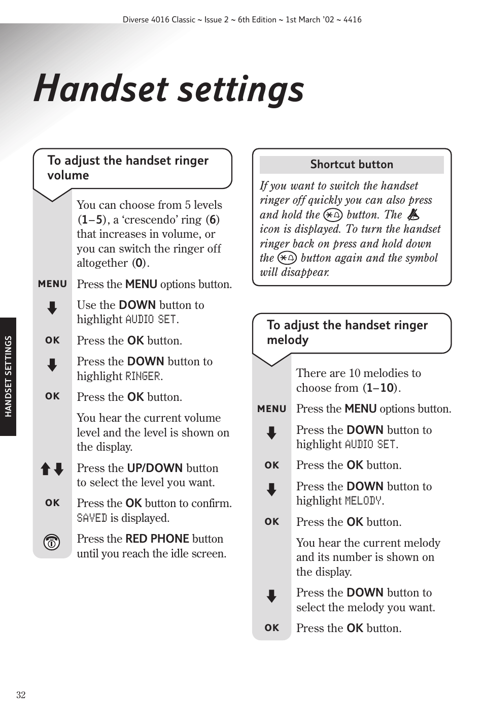 Handset settings | BT 4016 Classic User Manual | Page 34 / 57