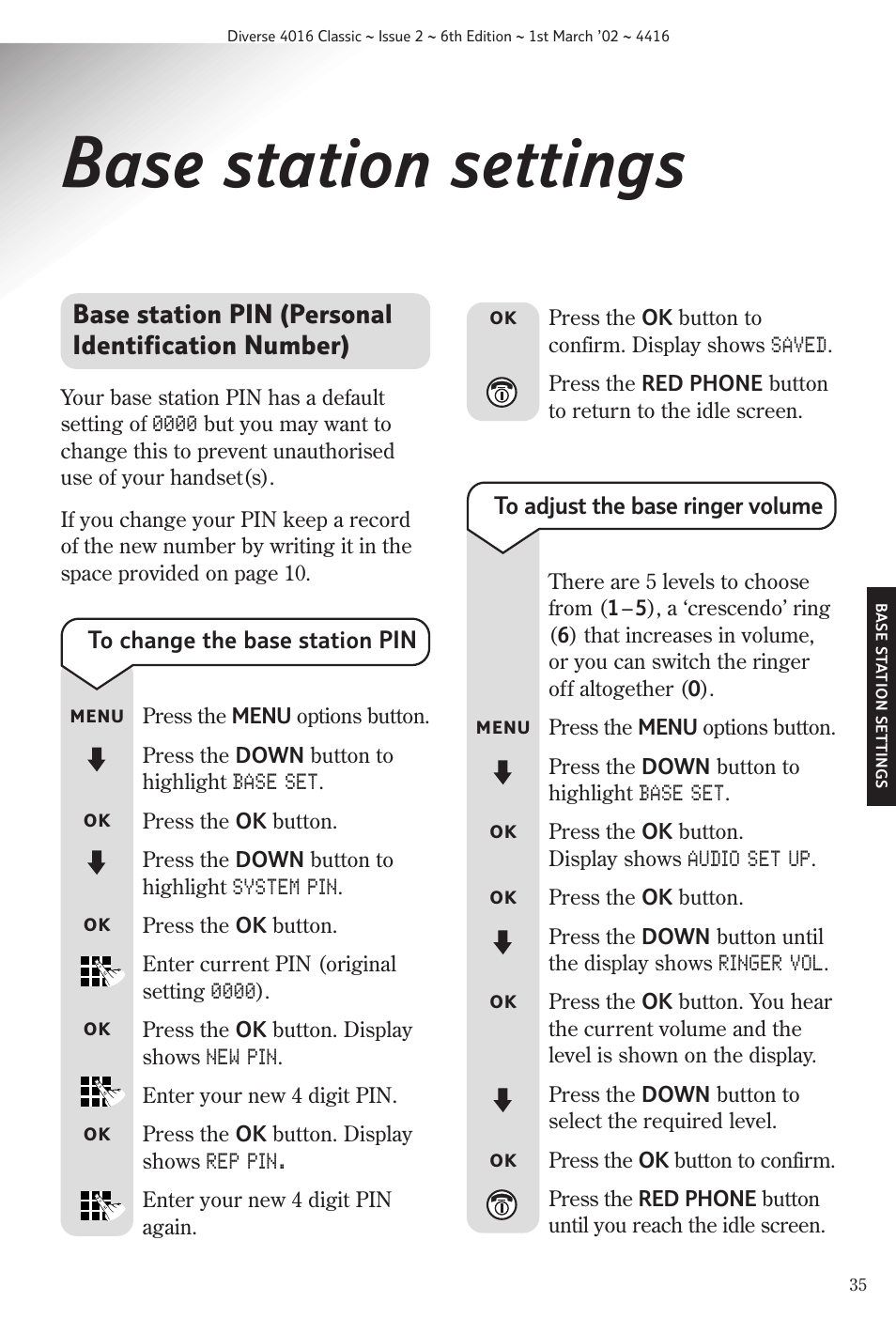 Base station settings, Base station pin (personal identification number) | BT 4016 Classic User Manual | Page 37 / 57