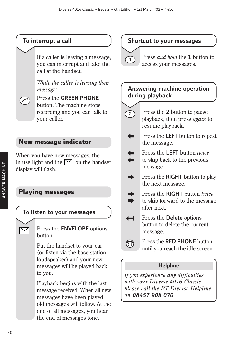 New message indicator, Playing messages, Shortcut to your messages | Answering machine operation during playback | BT 4016 Classic User Manual | Page 42 / 57