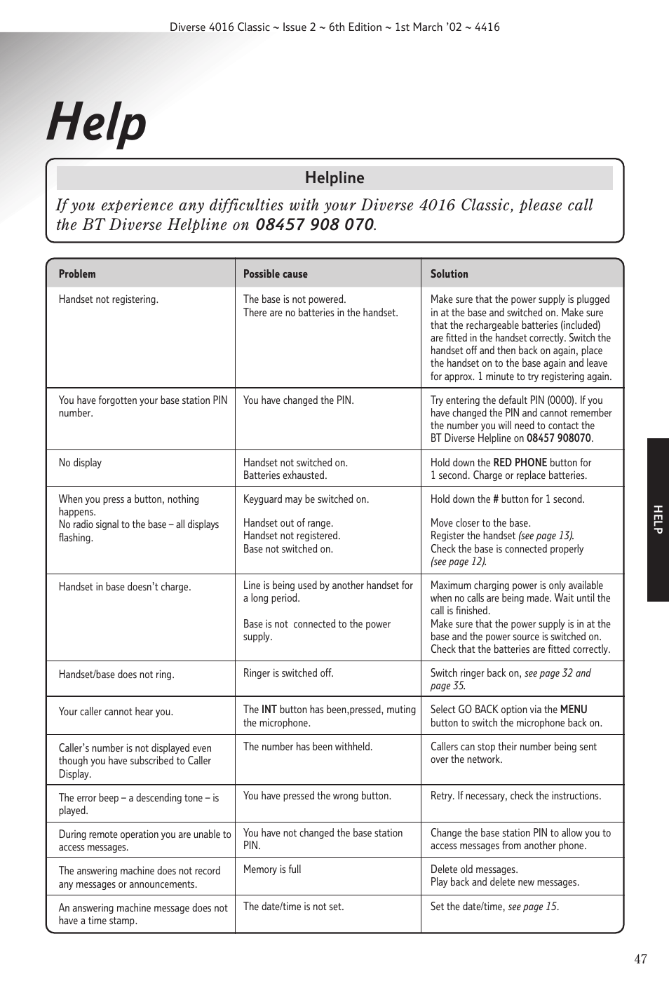 Help | BT 4016 Classic User Manual | Page 49 / 57