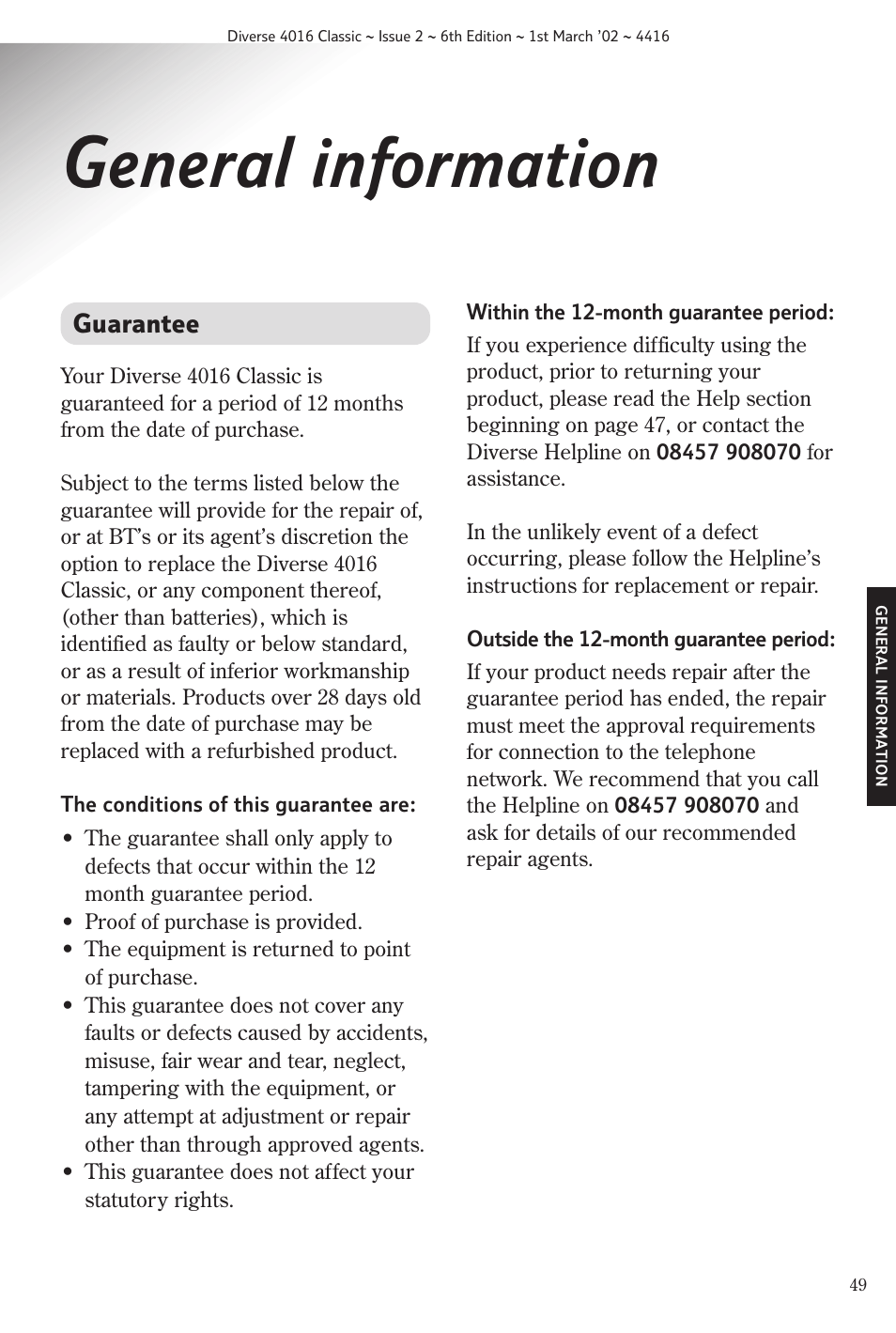 General information, Guarantee | BT 4016 Classic User Manual | Page 51 / 57