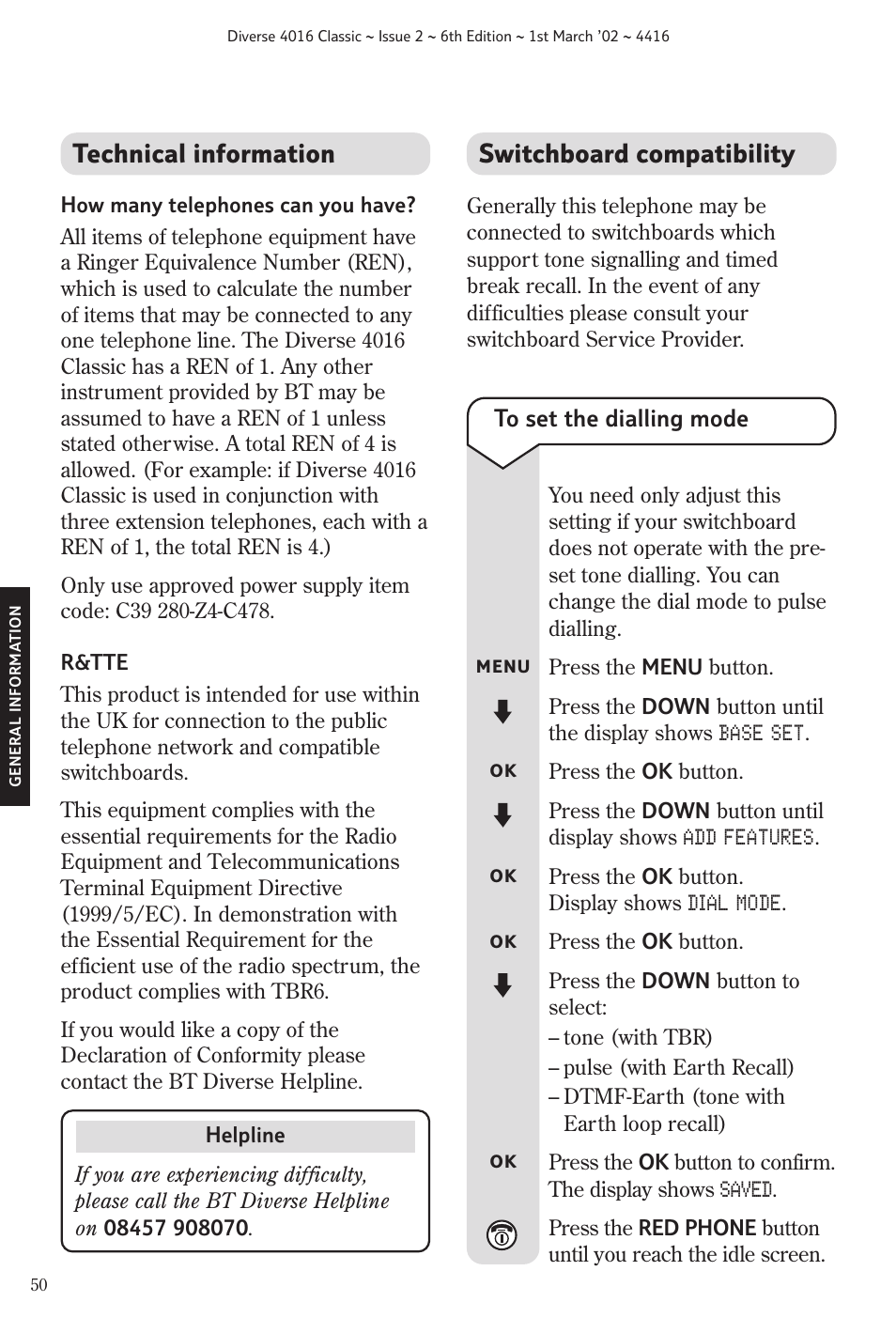 Technical information, Switchboard compatibility | BT 4016 Classic User Manual | Page 52 / 57