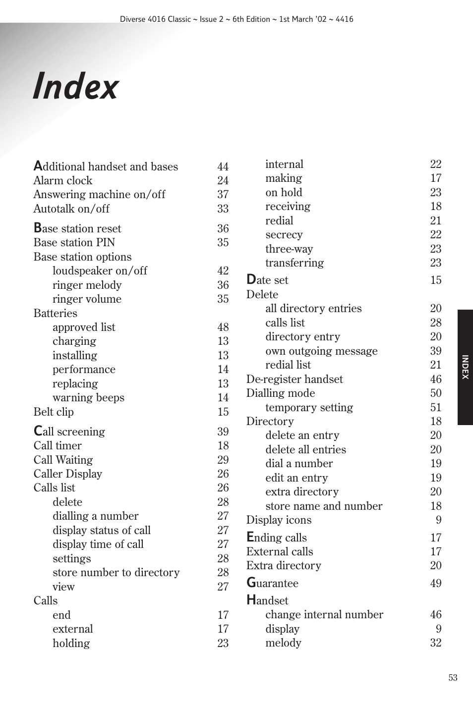 Index | BT 4016 Classic User Manual | Page 55 / 57