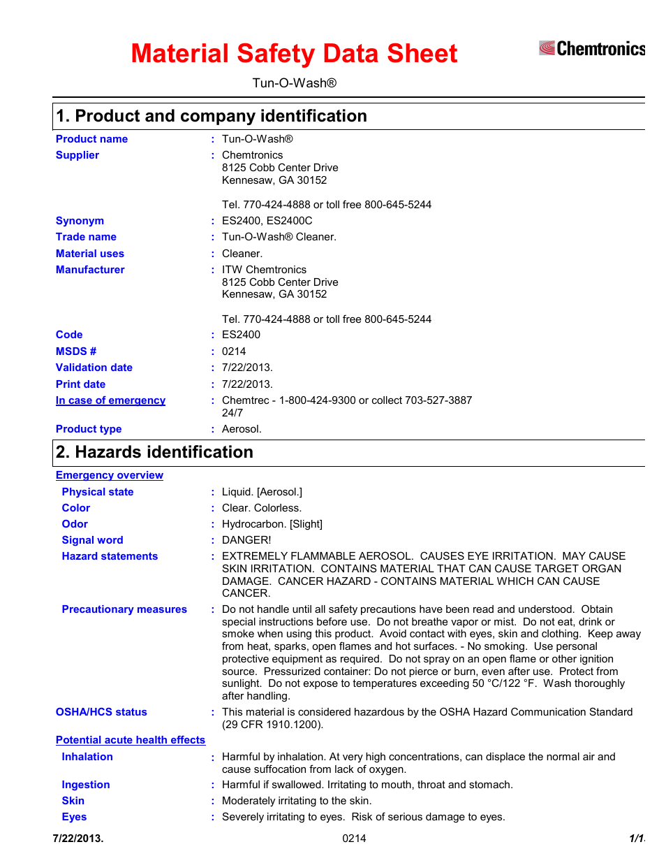 Chemtronics Tun-O-Wash Cleaner ES2400 User Manual | 13 pages