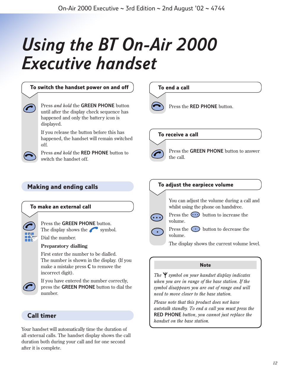 Using the bt on-air 2000 executive handset | BT 2000 Executive User Manual | Page 13 / 25