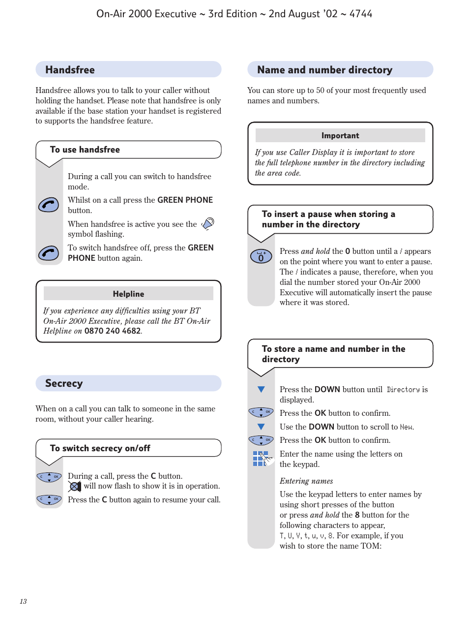 Secrecy, Handsfree, Name and number directory | BT 2000 Executive User Manual | Page 14 / 25