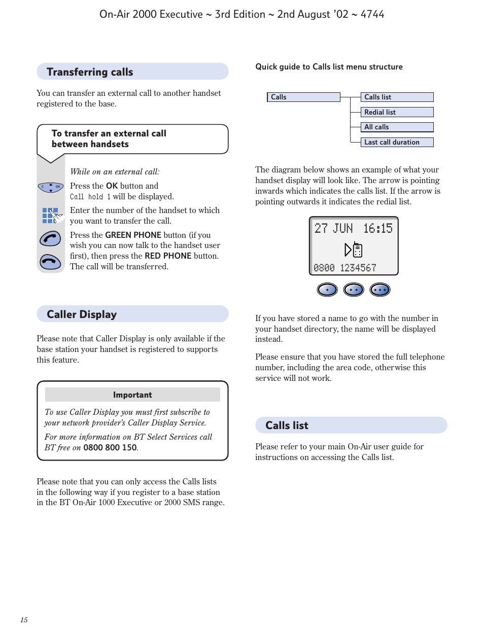 Calls list, Transferring calls, Caller display | BT 2000 Executive User Manual | Page 16 / 25