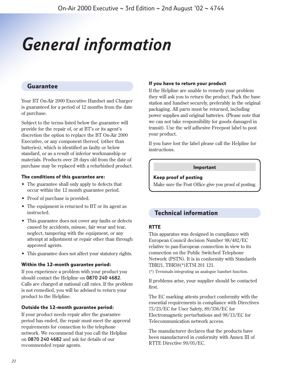 General information | BT 2000 Executive User Manual | Page 22 / 25
