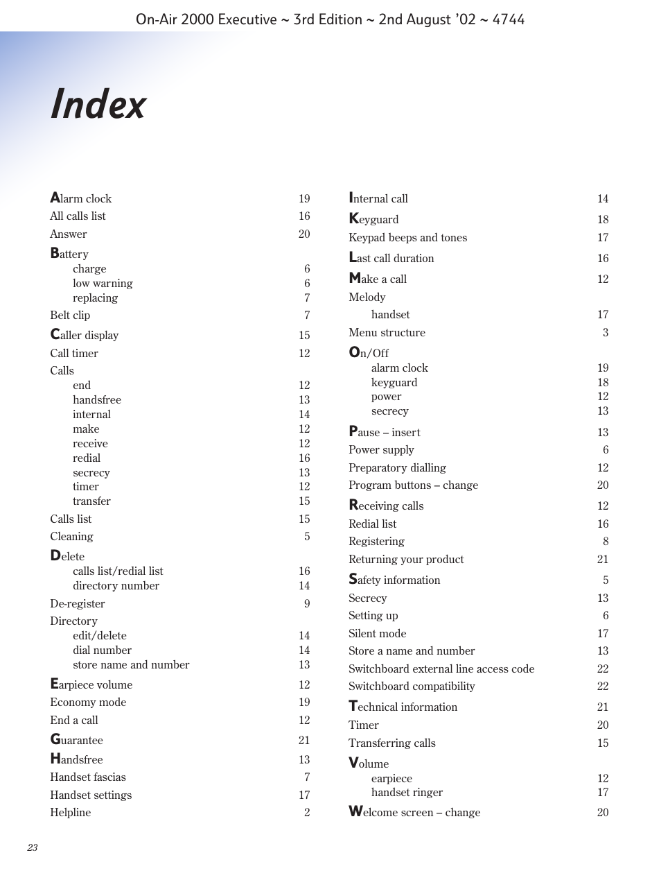 Index | BT 2000 Executive User Manual | Page 24 / 25
