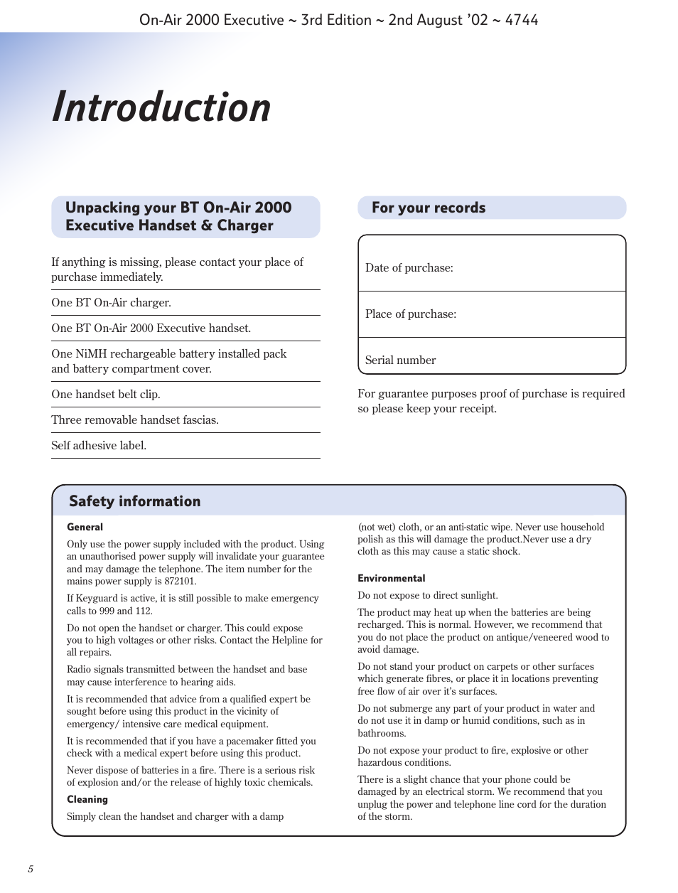 Introduction, For your records, Safety information | BT 2000 Executive User Manual | Page 6 / 25