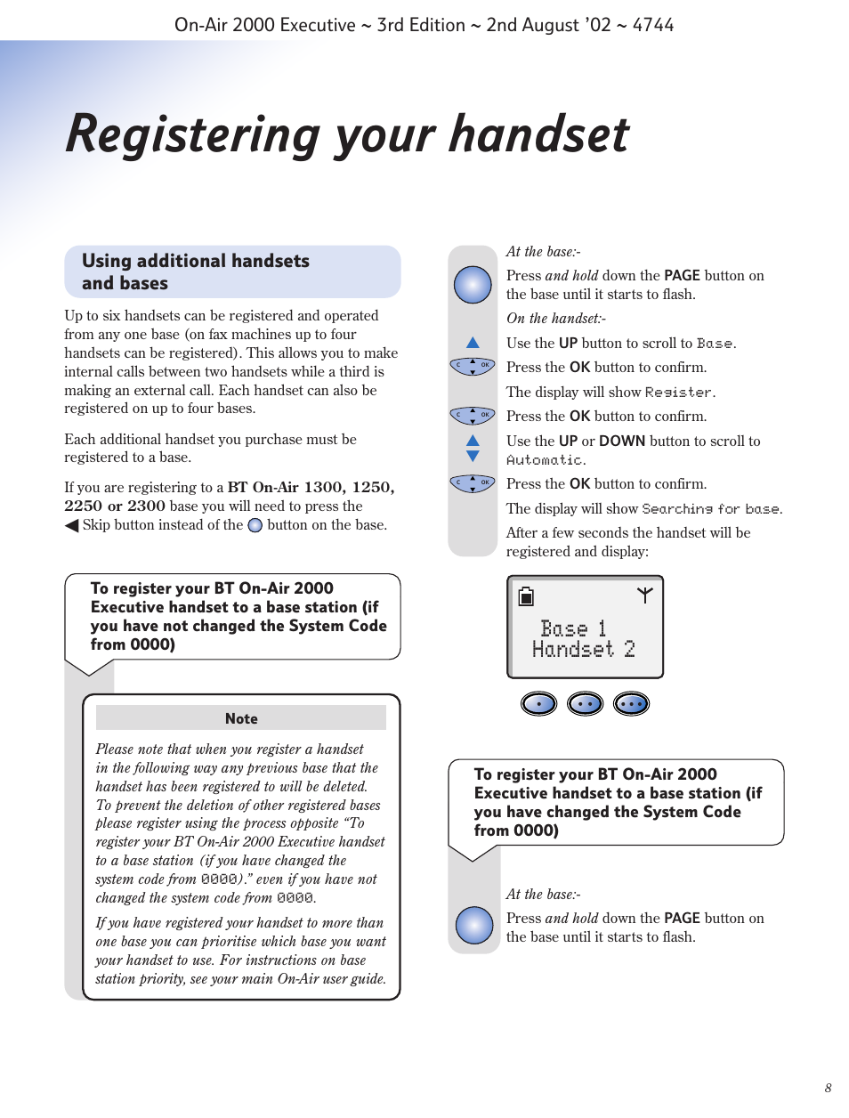 Registering your handset, Base 1 handset 2, Using additional handsets and bases | BT 2000 Executive User Manual | Page 9 / 25
